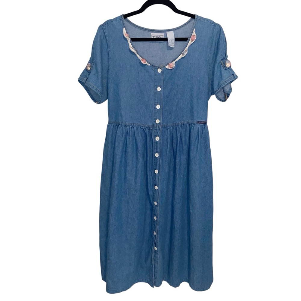 Vintage True Blue Dress Womens Medium Chambray Denim Cottagecore Coastal Boho